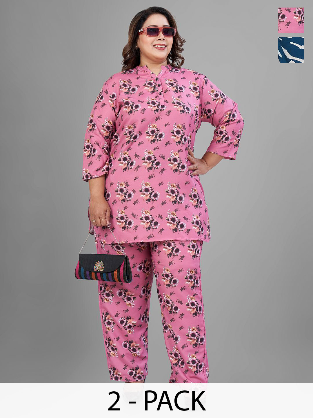 TITTLI Plus Size Printed Mandarin Collar Tunics & Trousers