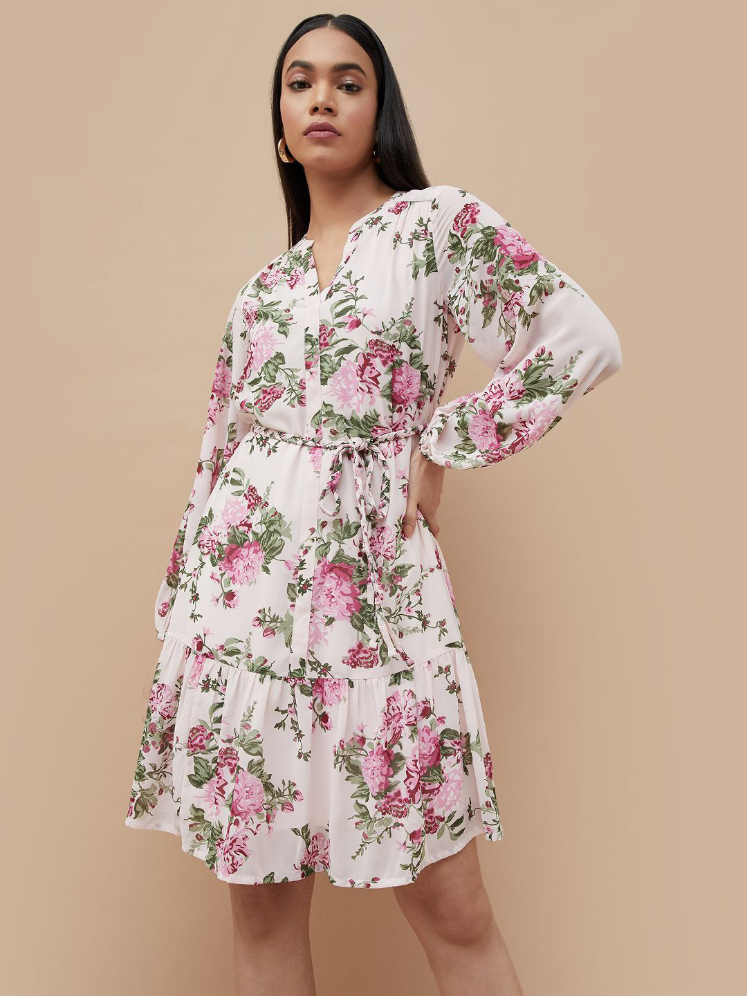 CODE by Lifestyle Women Printed Tiered Mandarin Collar Puff Sleeve Fit & Flare Dress