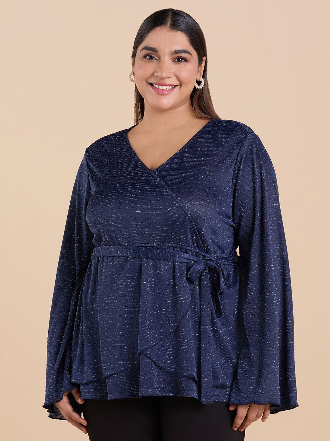 Big Hello - The Plus Life Women Flared Sleeve Wrap Top