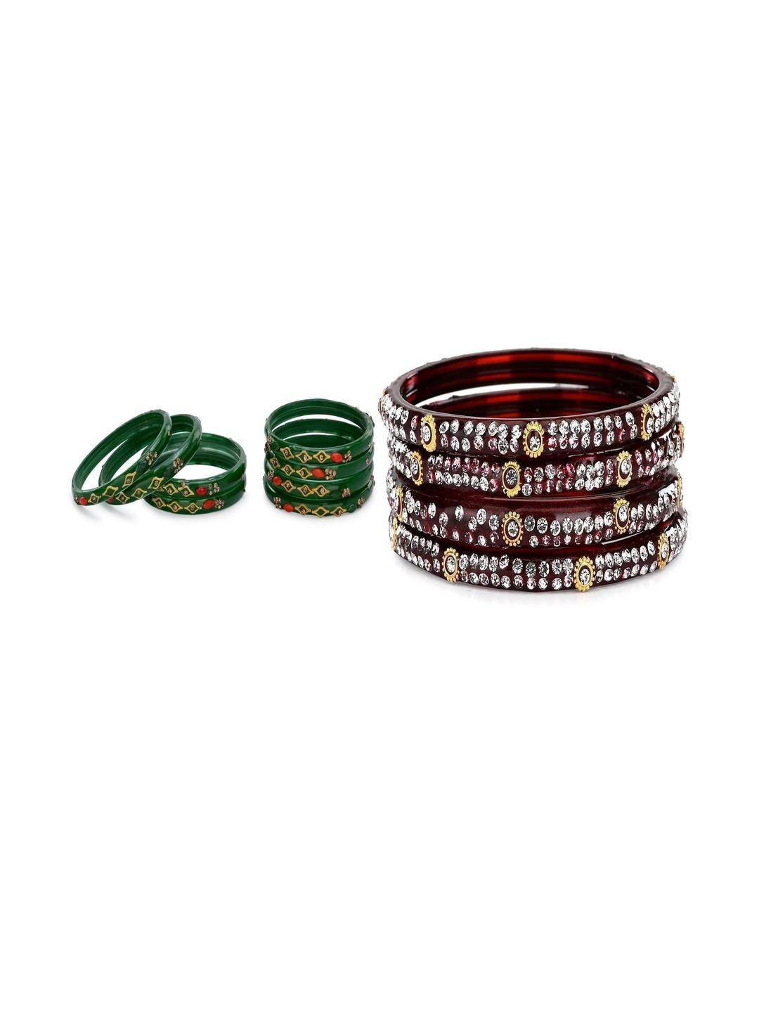 SOMIL Set Of 12 Green And Maroon Glass Artificial Stones & Beads Bangles