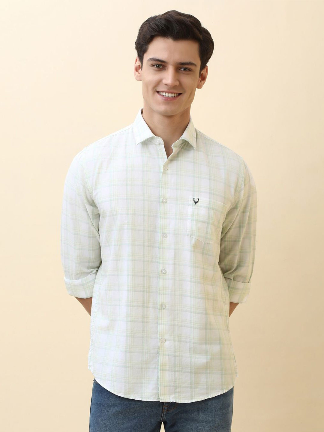 Allen Solly Slim Fit Checked Spread Collar Roll-Up Sleeves Cotton Shirt