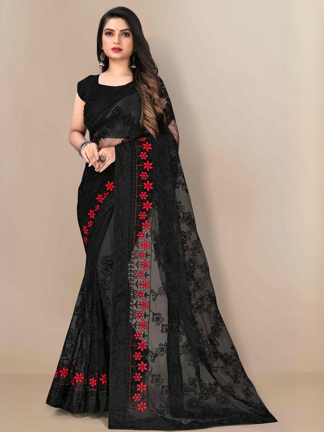 Peachmode Black Net  Sarees