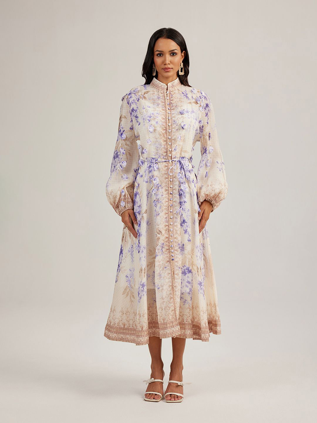 JC Collection Floral Print Mandarin Collar Puff Sleeves Applique Fit & Flare Midi Dress