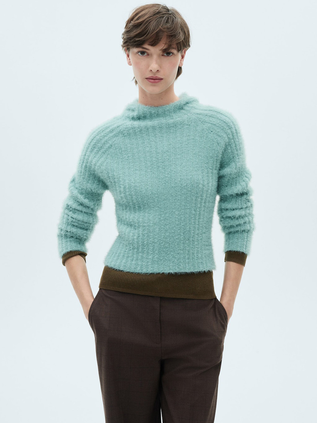 MANGO Fuzzy Hooded Ribbed Pullover