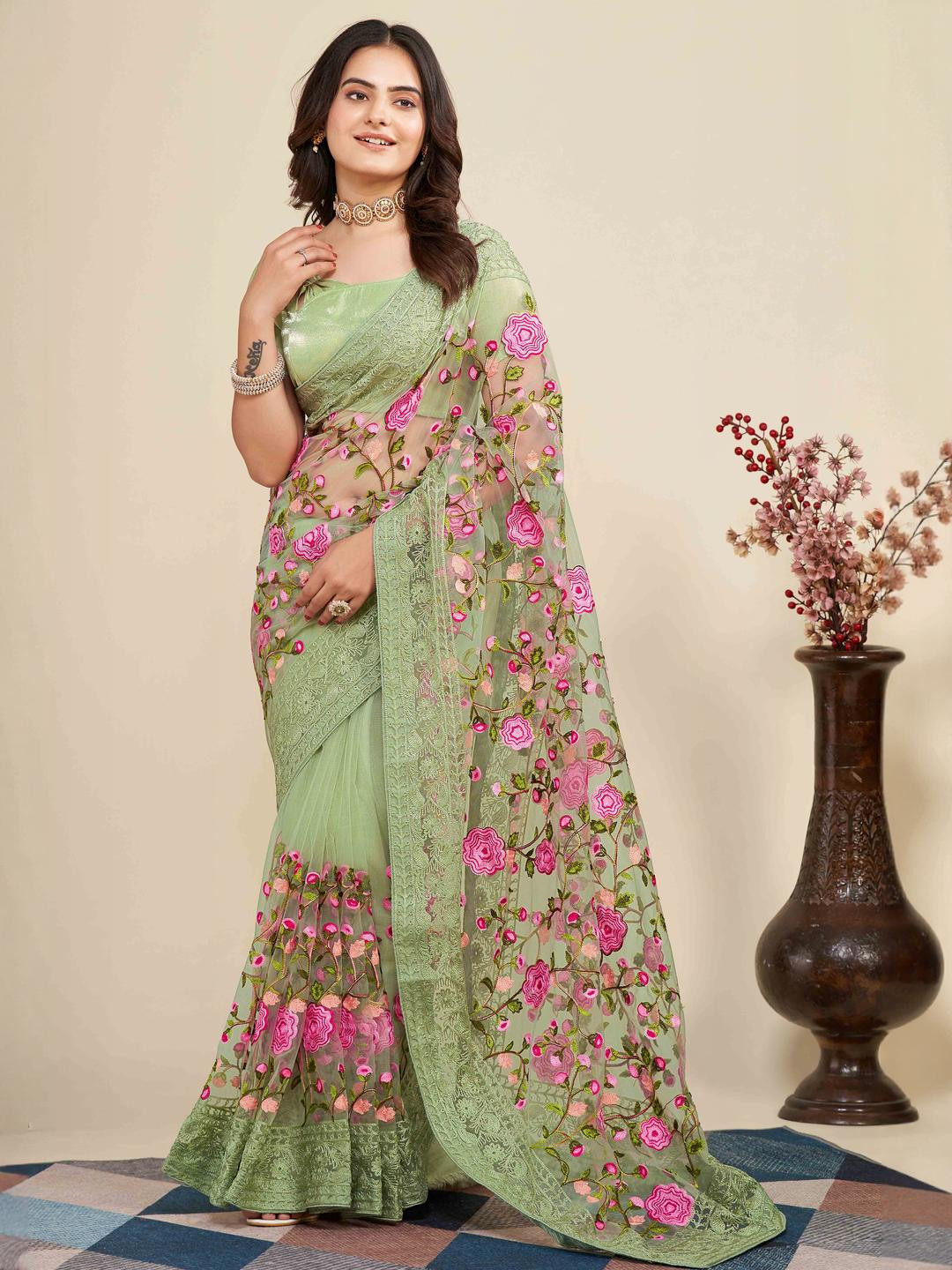Peachmode Green Net  Sarees