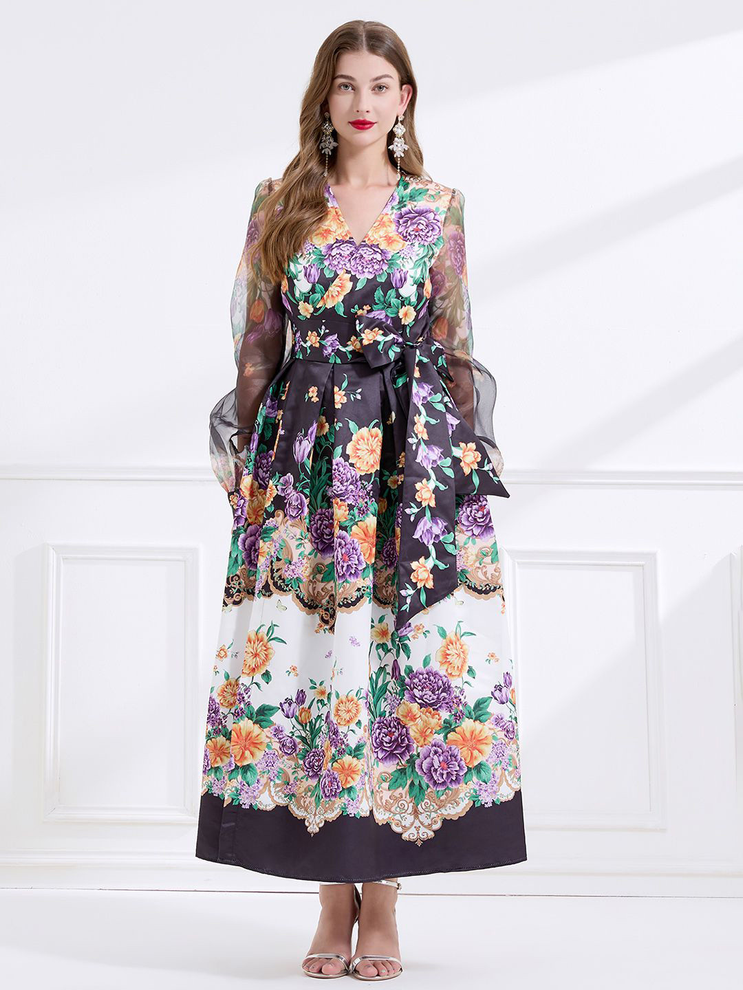 JC Collection Women Floral Printed V-Neck Cuffed Sleeves Maxi Dress With Bow