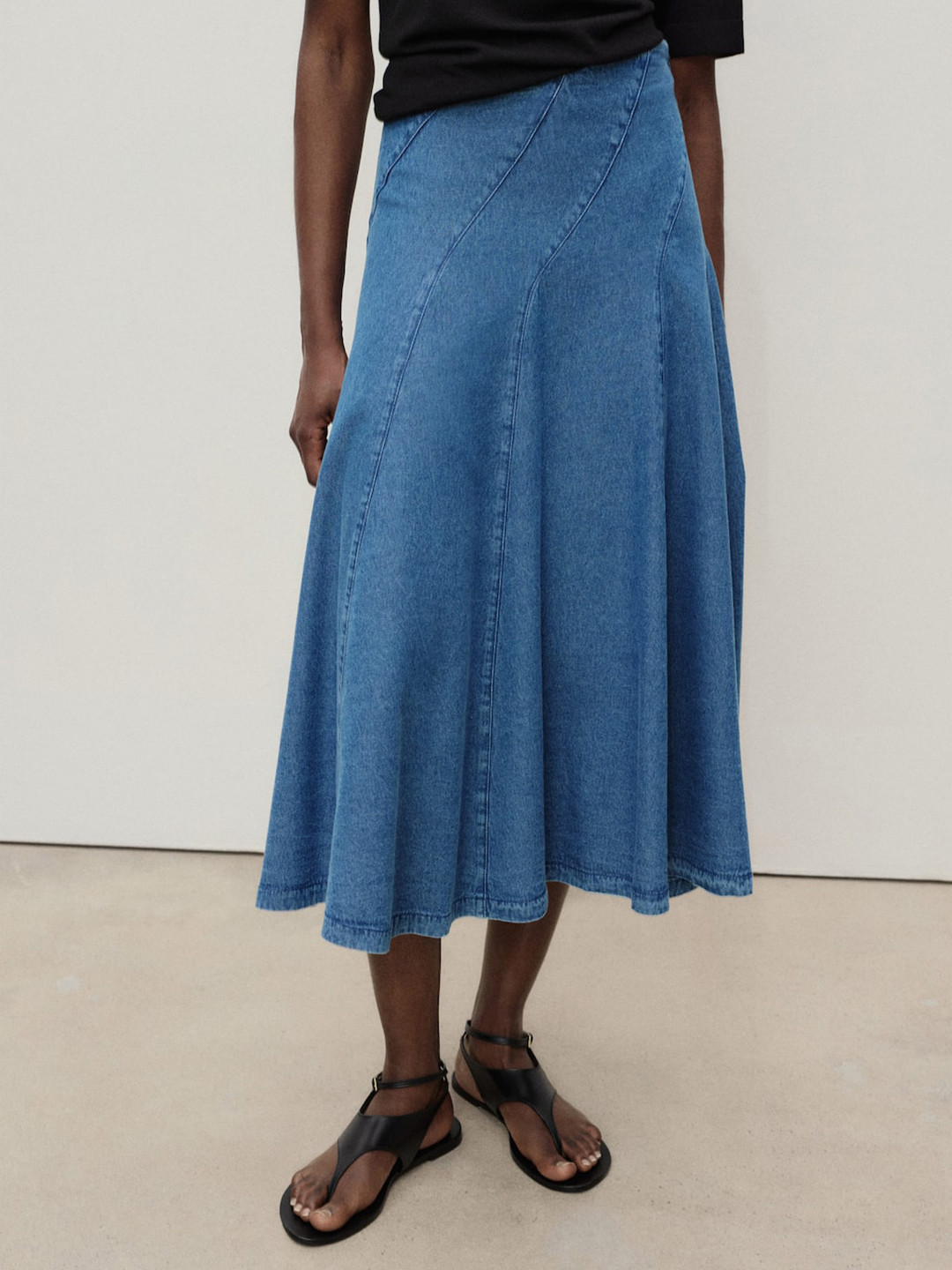 MANGO Panelled Pure Cotton Denim Flared Midi Skirt
