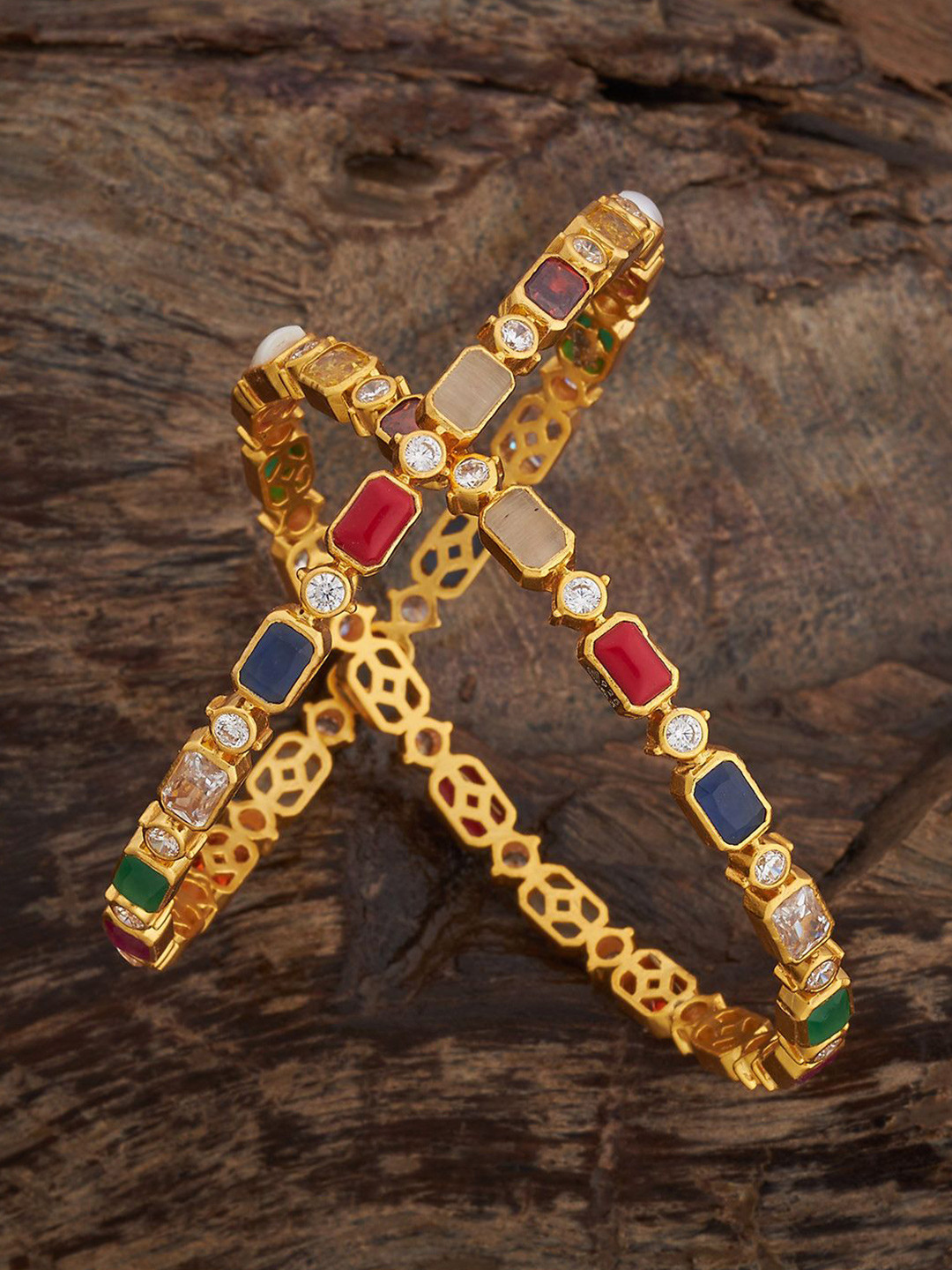 Kushal's Fashion Jewellery Set Of 2 92.5 Pure Silver Gold-Plated Navaratna Bangles