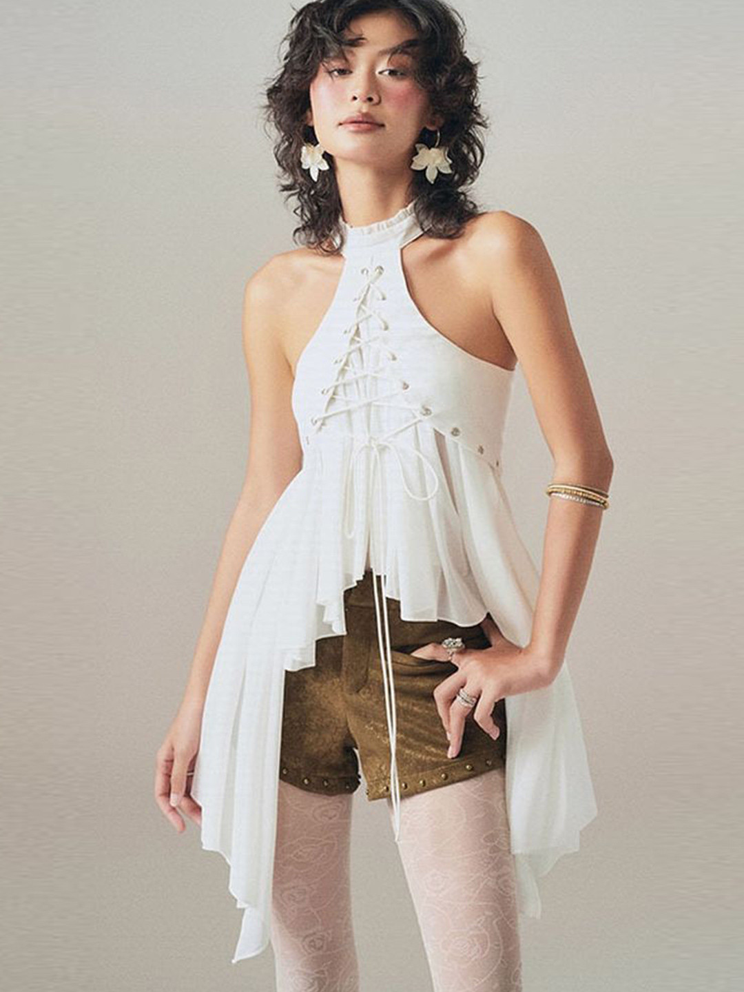 LULU & SKY Women Solid Sleeveless Lace-up Detail Asymmetrical Hem Top