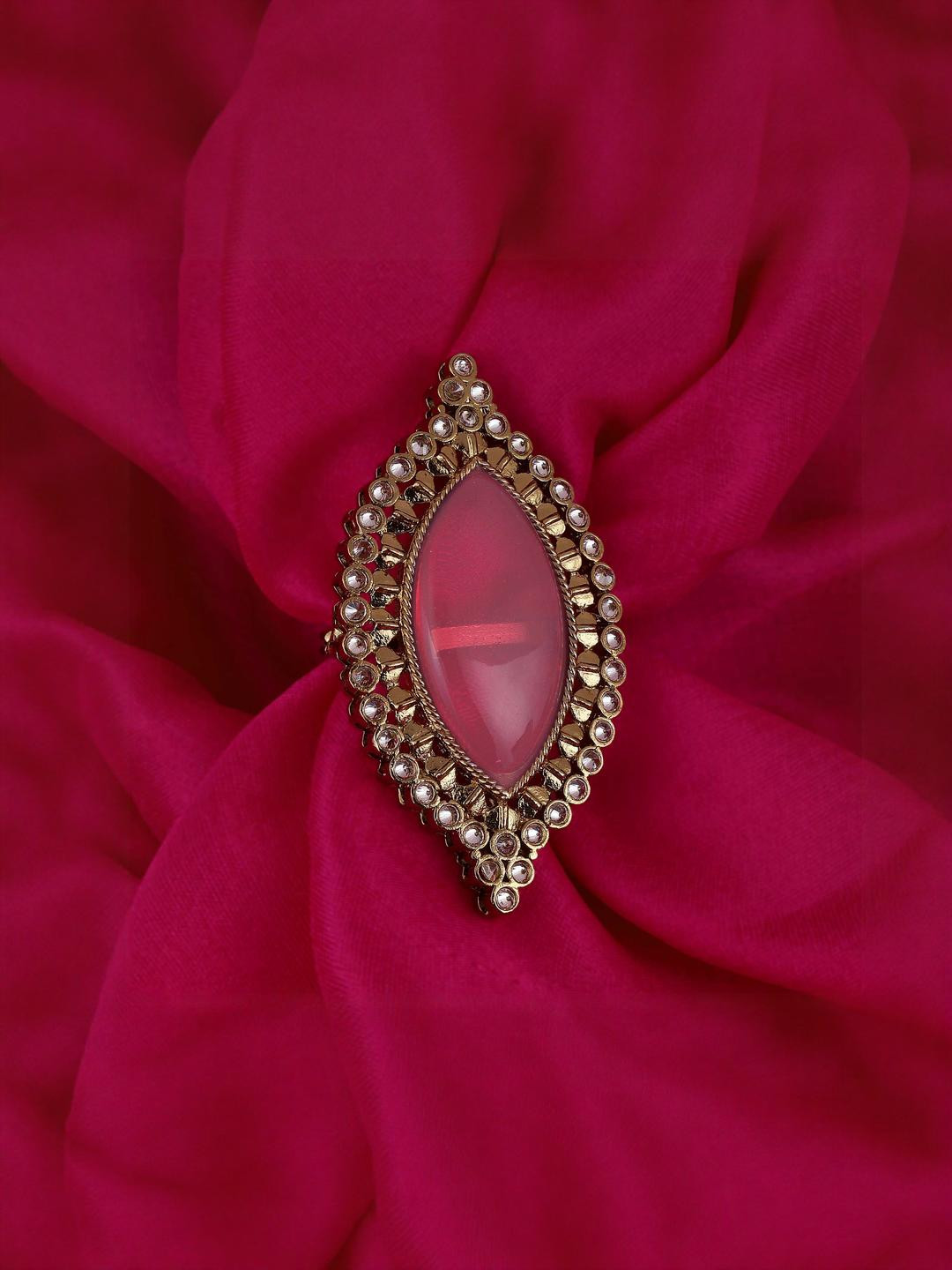 Saloni Fashion Jewellery Lavish Oval Shape Center Pink Stone Gold Plated Finger Ring