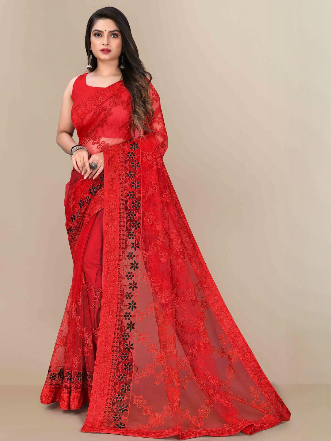 Peachmode Red Net  Sarees