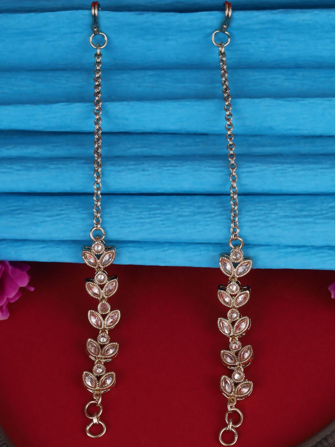 SALONI FASHION JEWELLERY Women Gold Plated Leaf Shaped Long Ear Chain Earrings