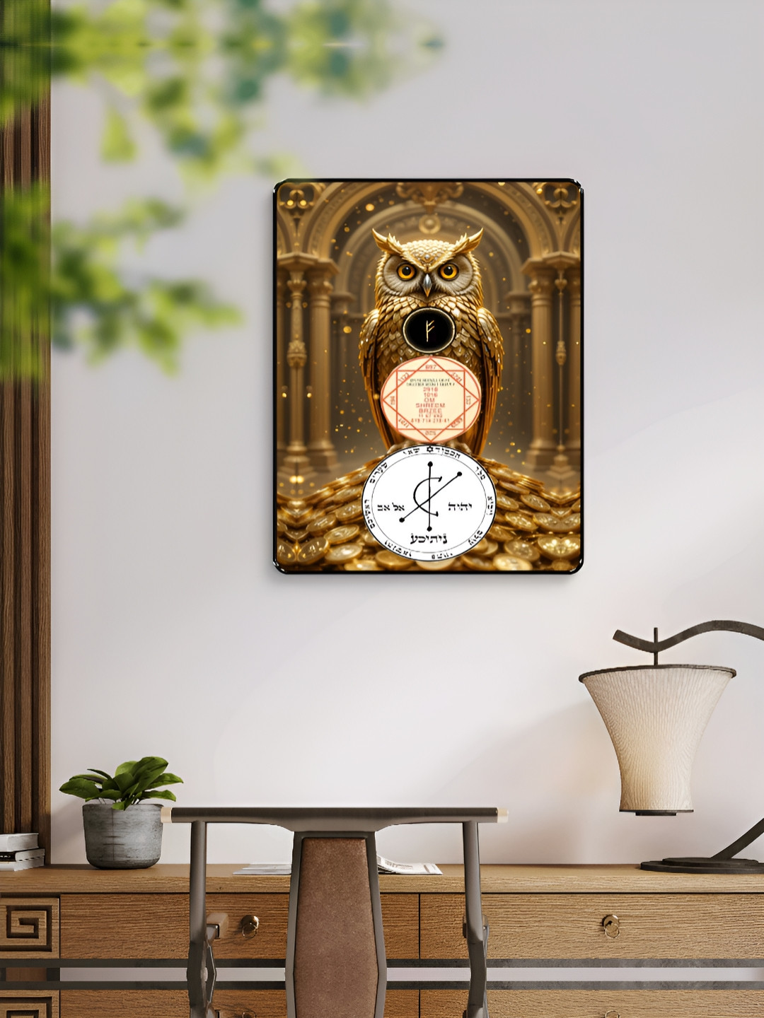 Livin'luxe Gold-Toned & White Owl Wealth Sigil Wall Art
