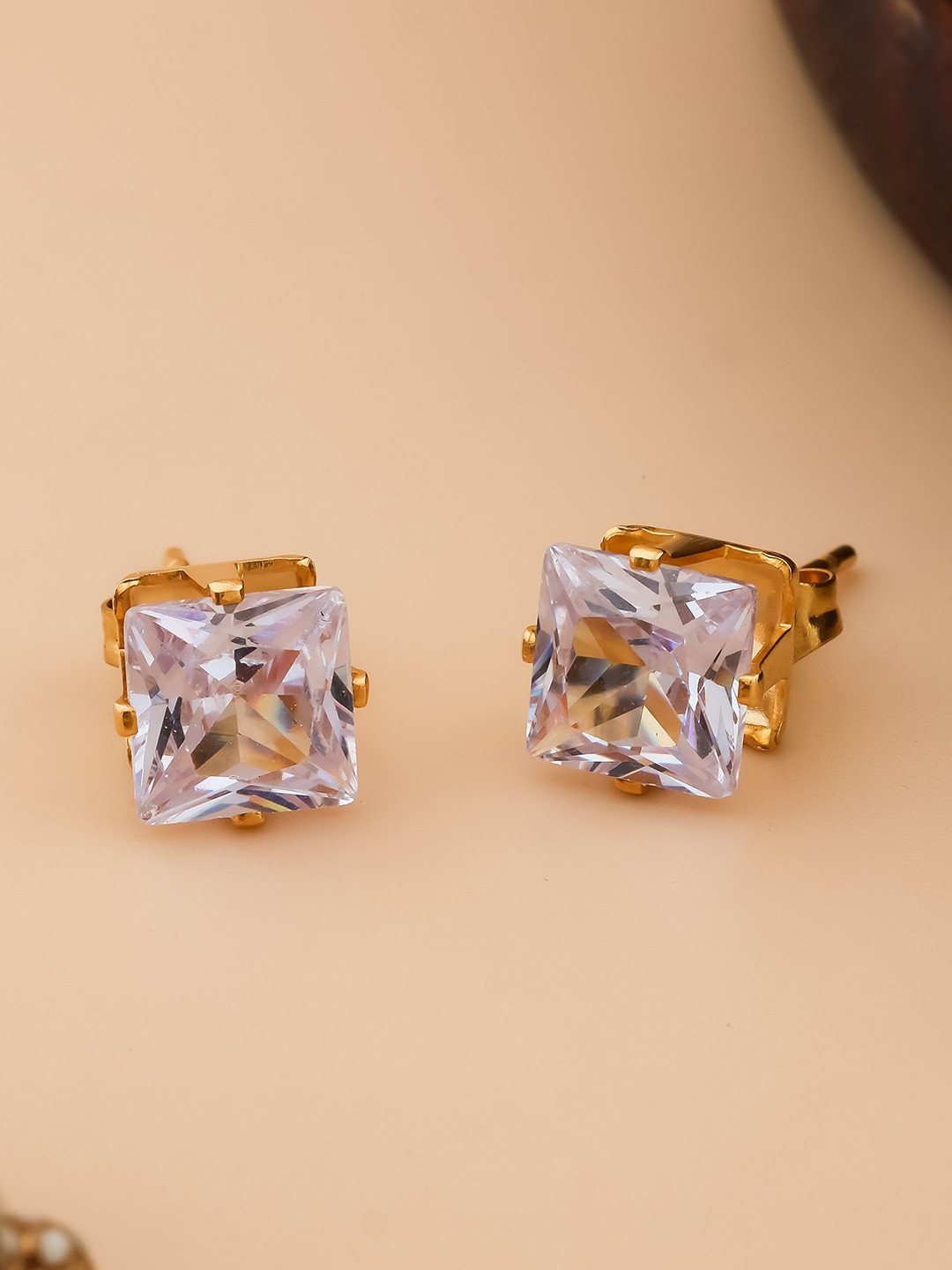 QUERALT Brass-Plated Stainless Steel American Diamond Studded Square Shaped Studs