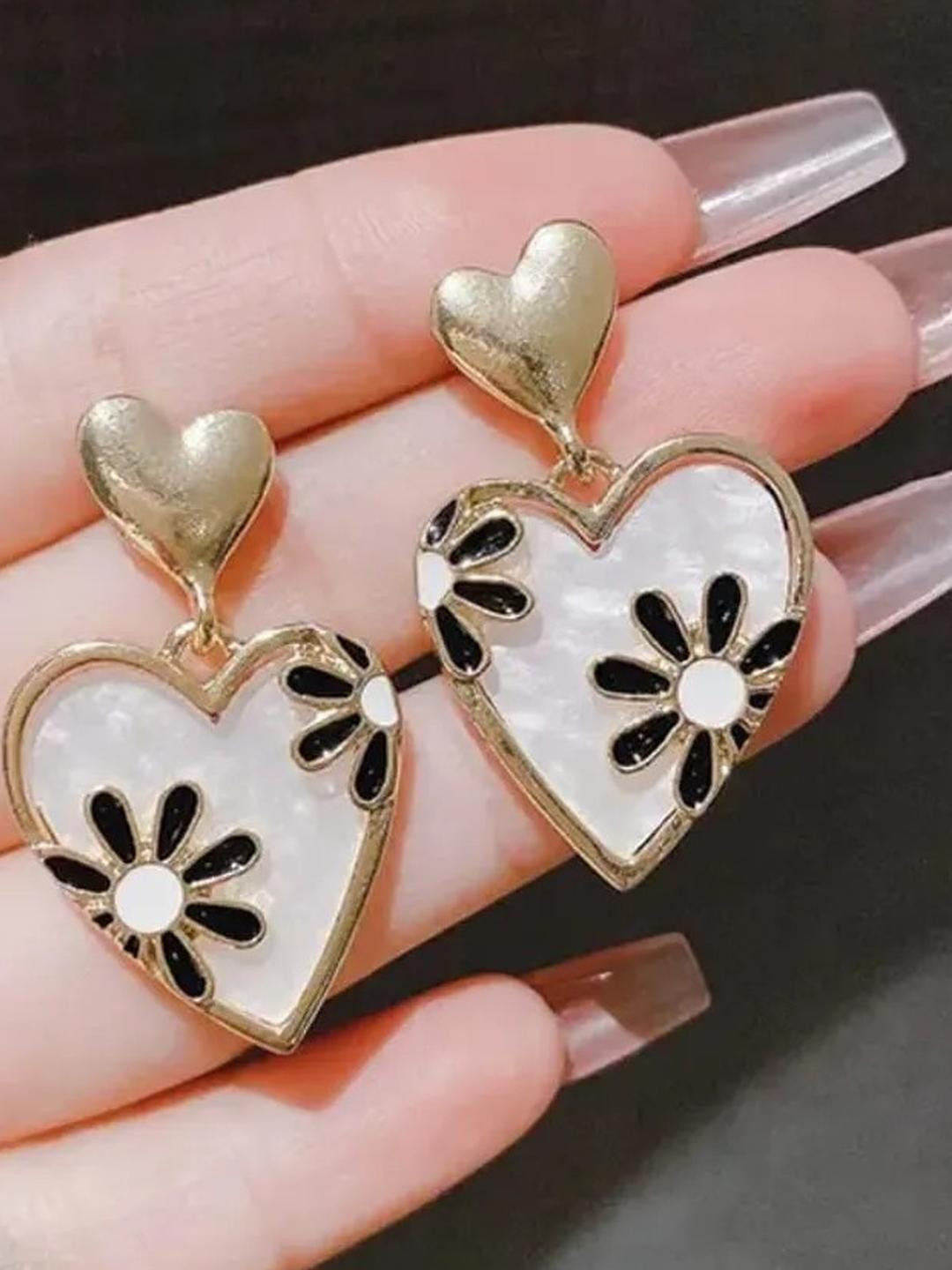 Khusha Creations Women Gold-Plated Heart Shaped with Floral Design Drop Earrings