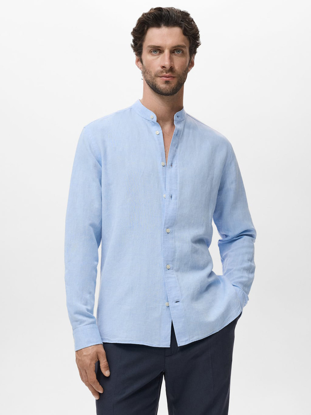 MANGO MAN Band Collar Linen Cotton Casual Shirt
