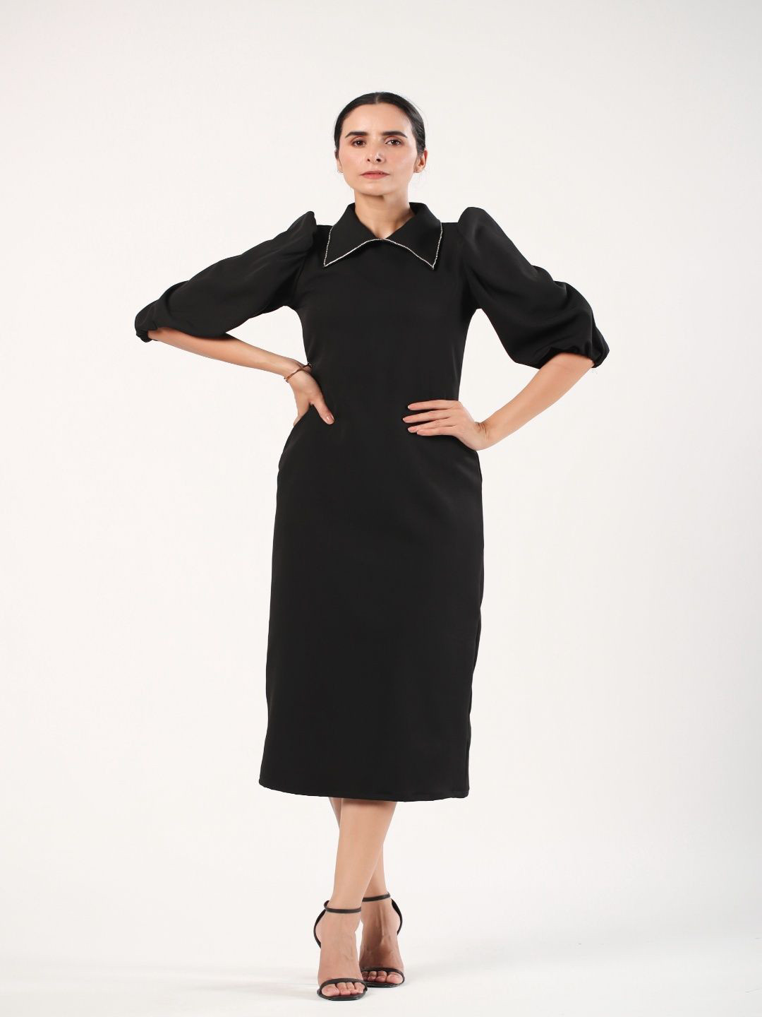 STYLESHIFT Women Embellished Rhinestone Collar Satin Sheath Midi Dress