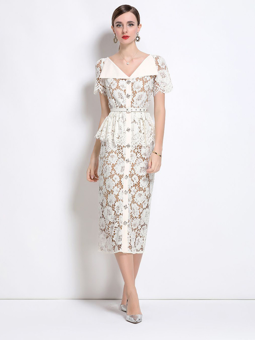 JC Collection Women Floral Embroidered Above the Keyboard Collar Peplum Midi Dress