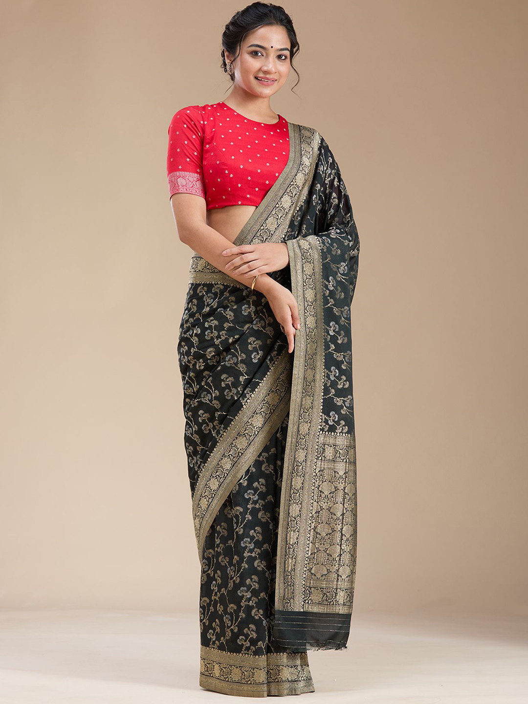 Koskii Black Zari work Gold Georgette Silk Saree