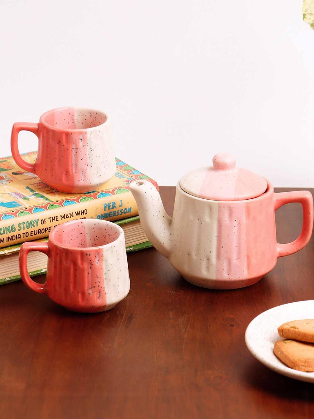 Localkala Pink & White 3 Pieces Textured Ceramic Matte Kettle Set