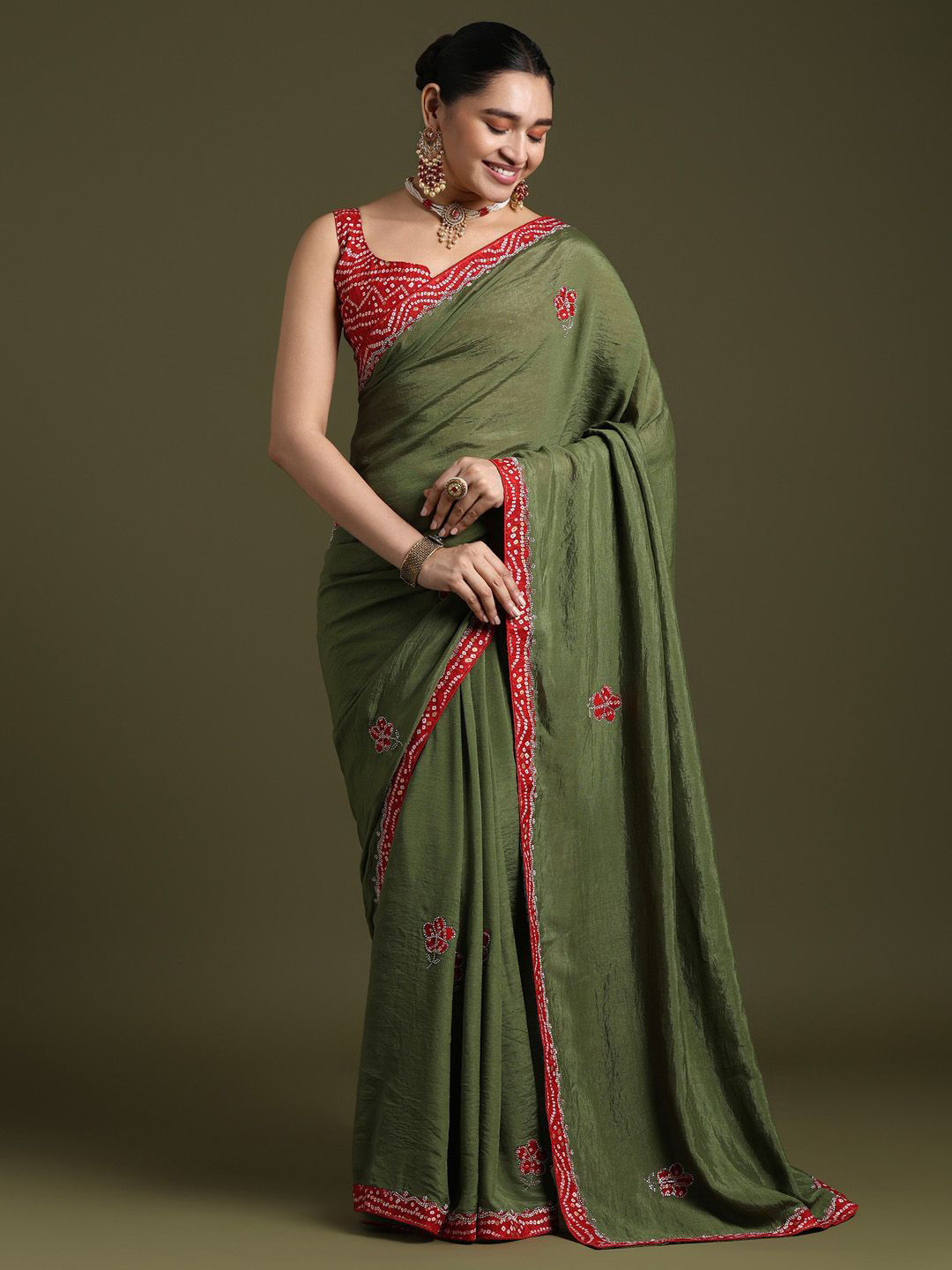 Anouk Floral Embroidered Sequinned Tissue Saree with Matching Blouse