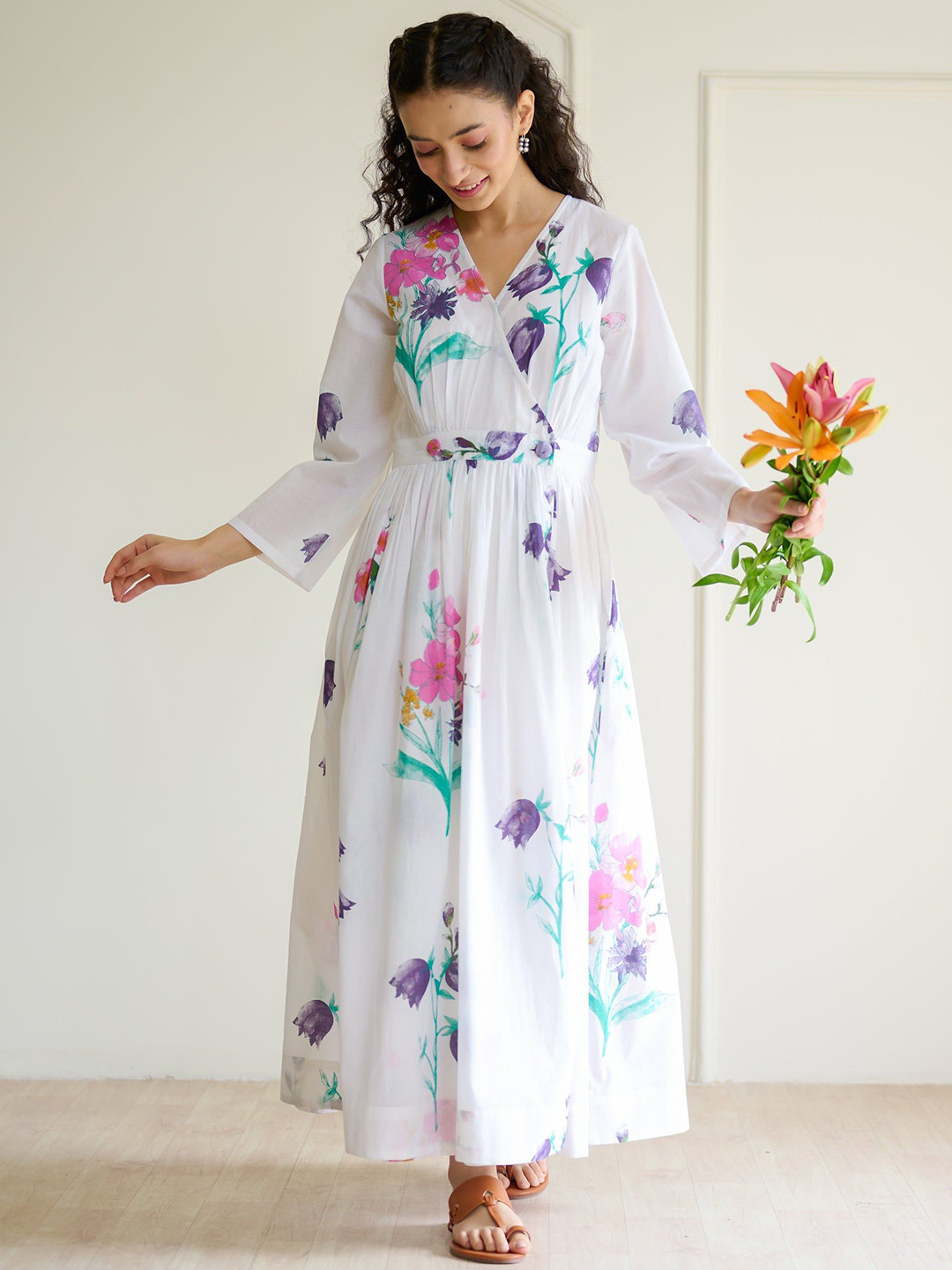 Rustorange Tulip Floral Printed Cotton Wrap Dress With Slip