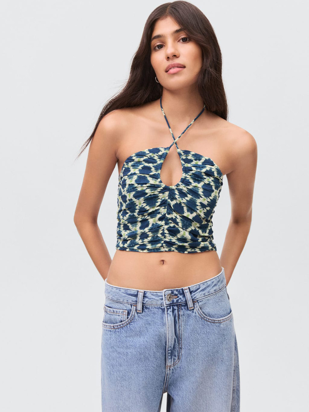 MANGO Abstract Print Ruched Halter Neck Crop Top