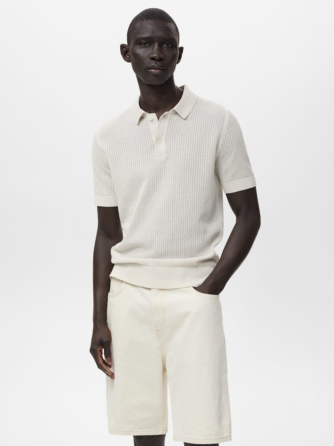 MANGO MAN Vertically Self-Striped Pure Cotton Polo Collar T-shirt with Open Knits