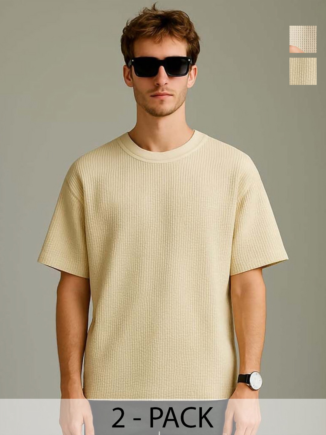 Beige Relaxed Fit Round Neck Self Design T-shirt