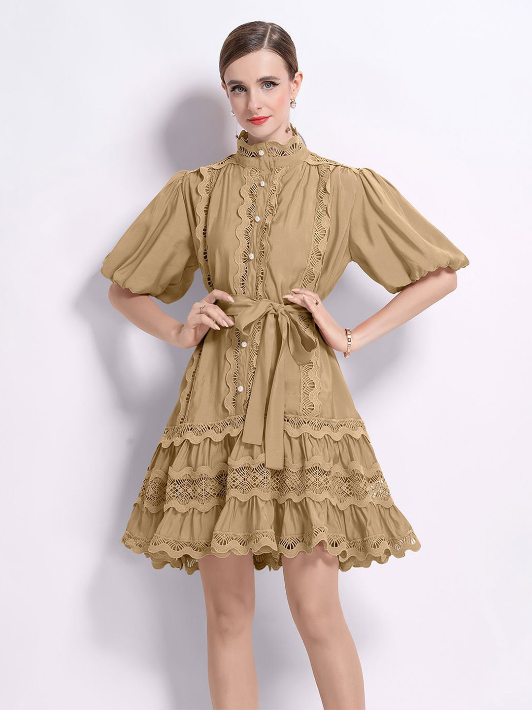 JC Collection Women High Neck Puff Sleeves Fit & Flare Dress With Lace Inserts