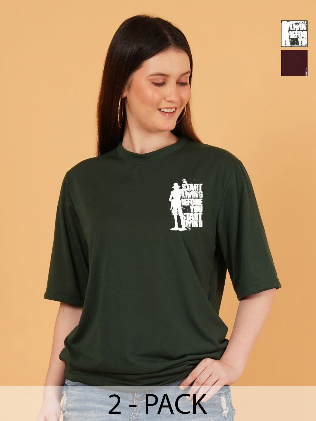 Kasendra Women Pack of 2 One piece Graphic Printed Round Neck Relaxed Fit T-shirts