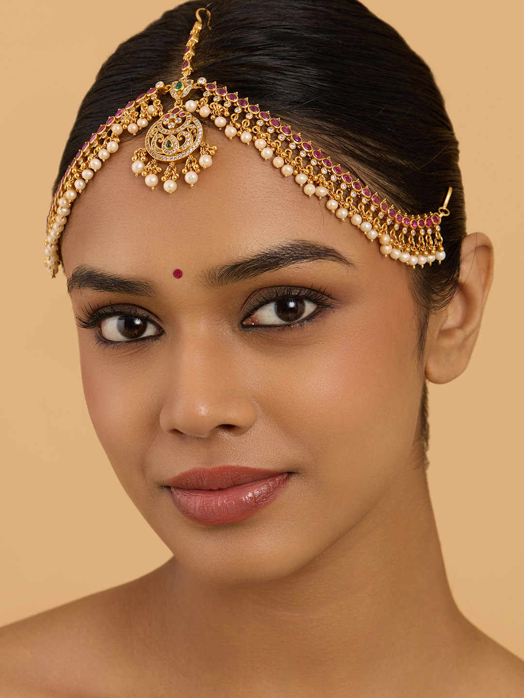 Kushal's Fashion Jewellery 92.5 Pure Silver Gold-Plated Ruby Maang Tikka Head Jewellery