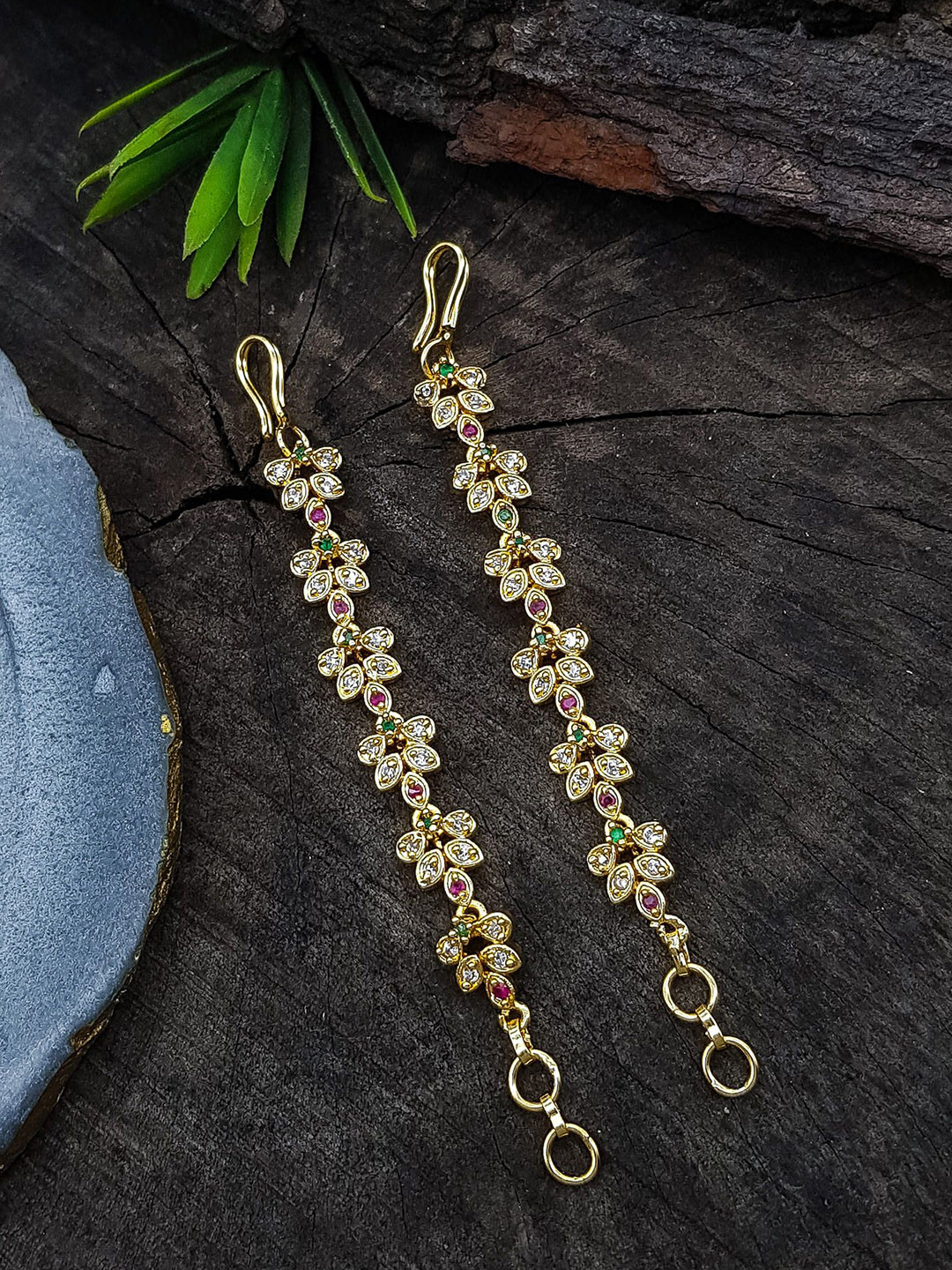 GRIIHAM Gold-Plated American Diamond Studded Floral Ear Chain