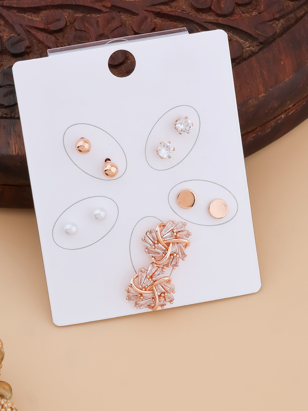 QUERALT Set Of 5 Brass-Plated Stainless Steel Stones Studded Circular Shaped Studs