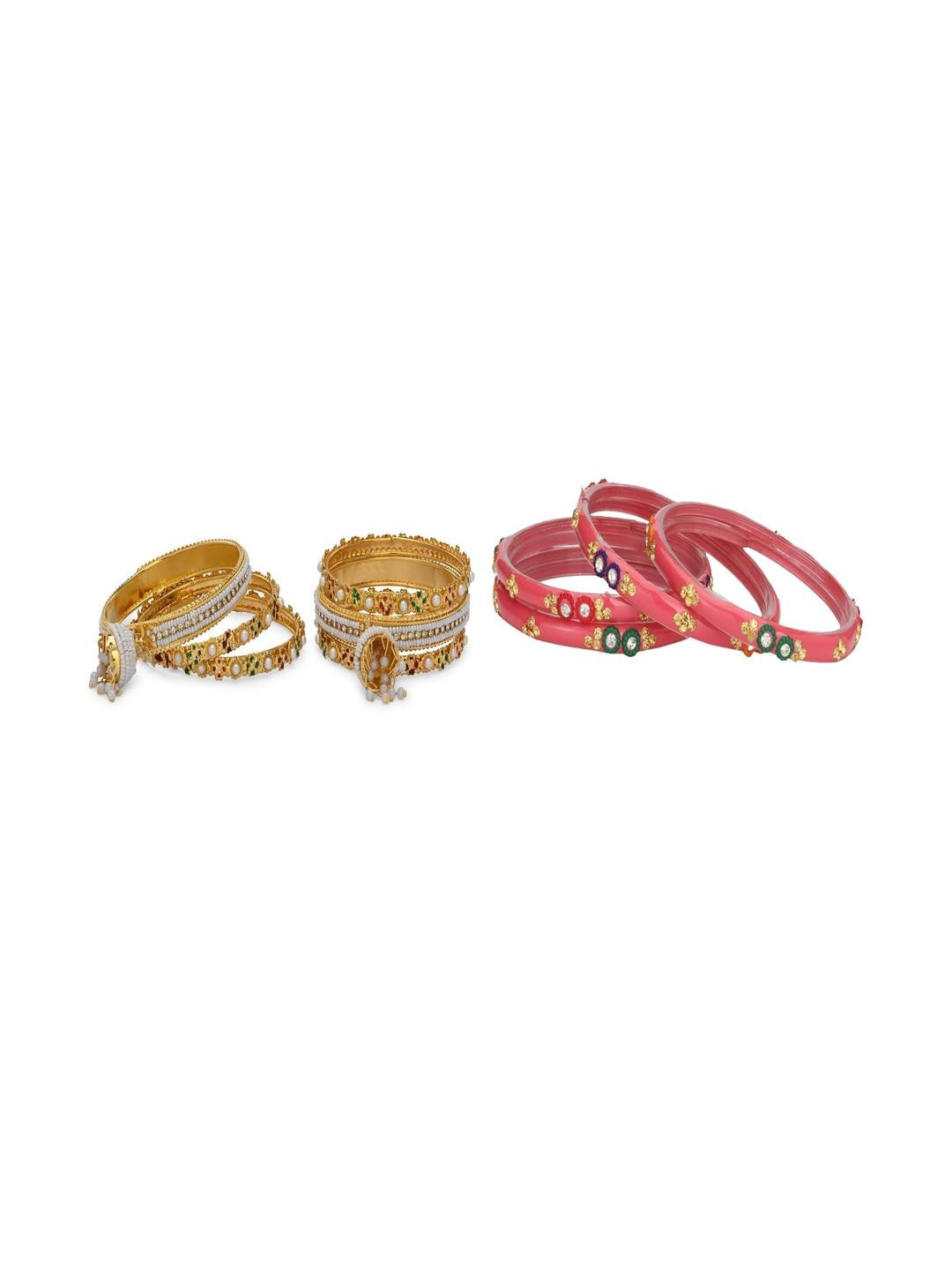 SOMIL Set Of 6 Gold And Pink Glass Artificial Stones & Beads Bangles