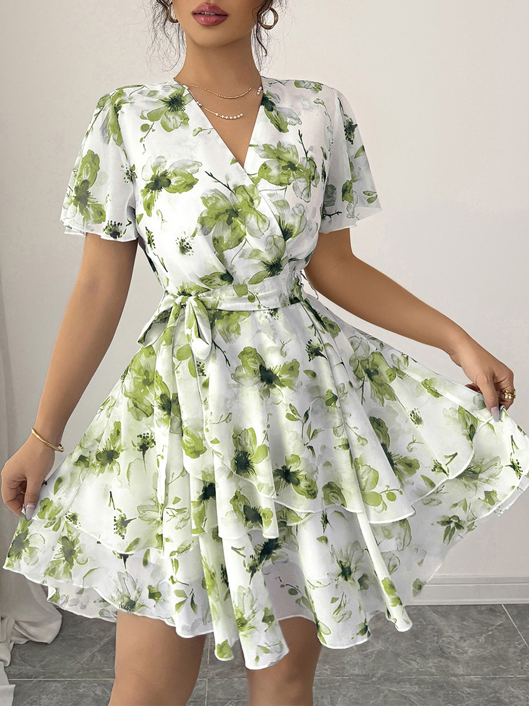 StyleCast x Revolte Women Floral Printed Belted Flared Sleeve Dress