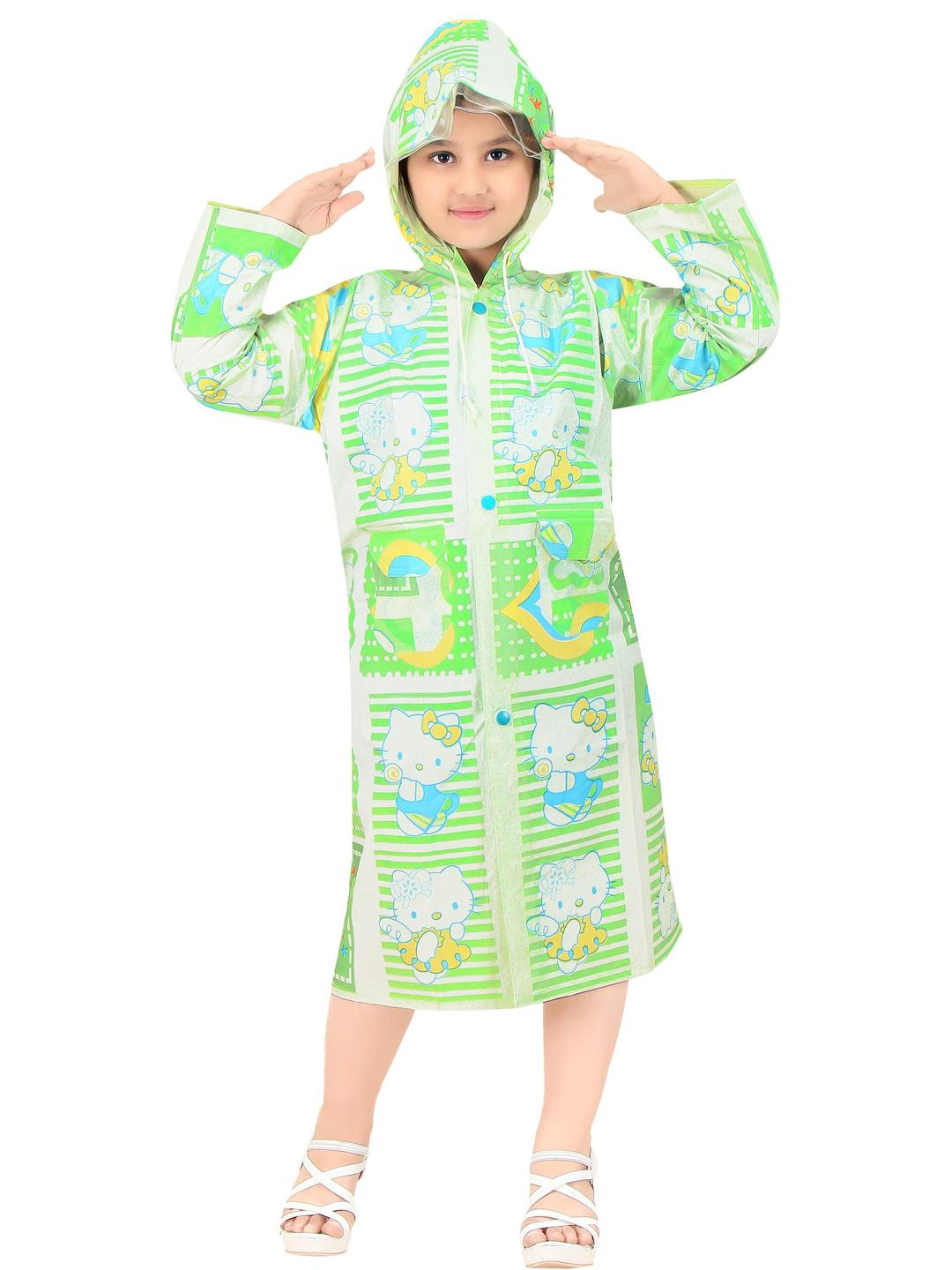 Goodluck PVC Green printed  Raincoat with attached hood
