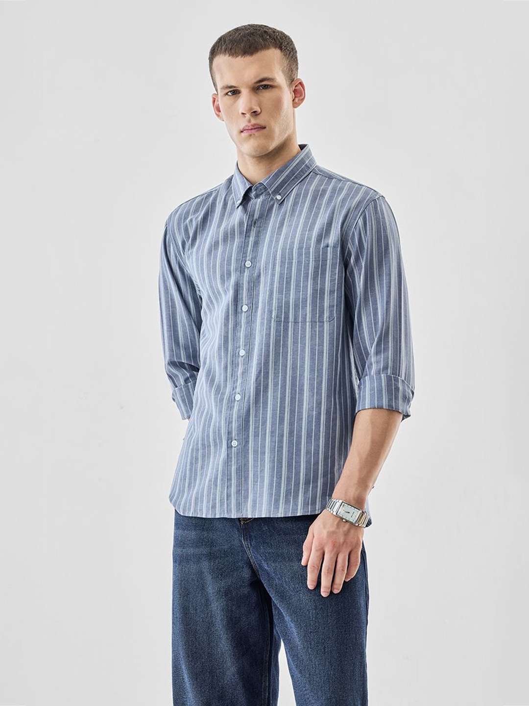 Snitch Multi Striped Button-Down Collar Cotton Linen Casual Shirt
