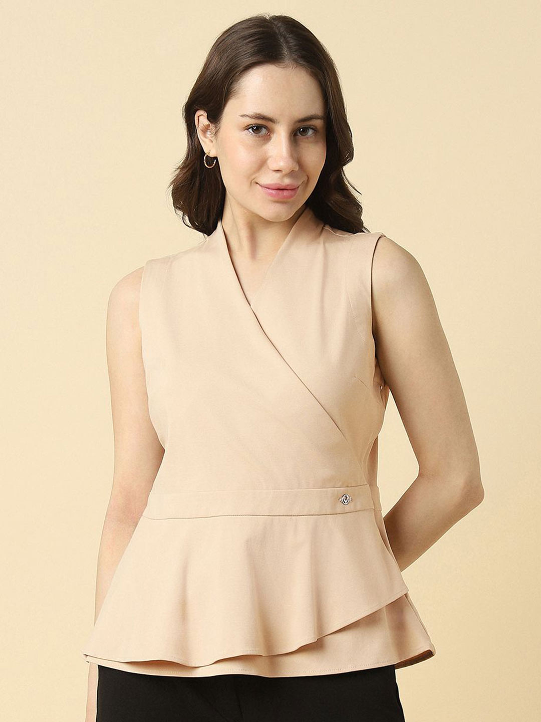 Allen Solly Woman Solid Sleeveless Formal Wrap Top