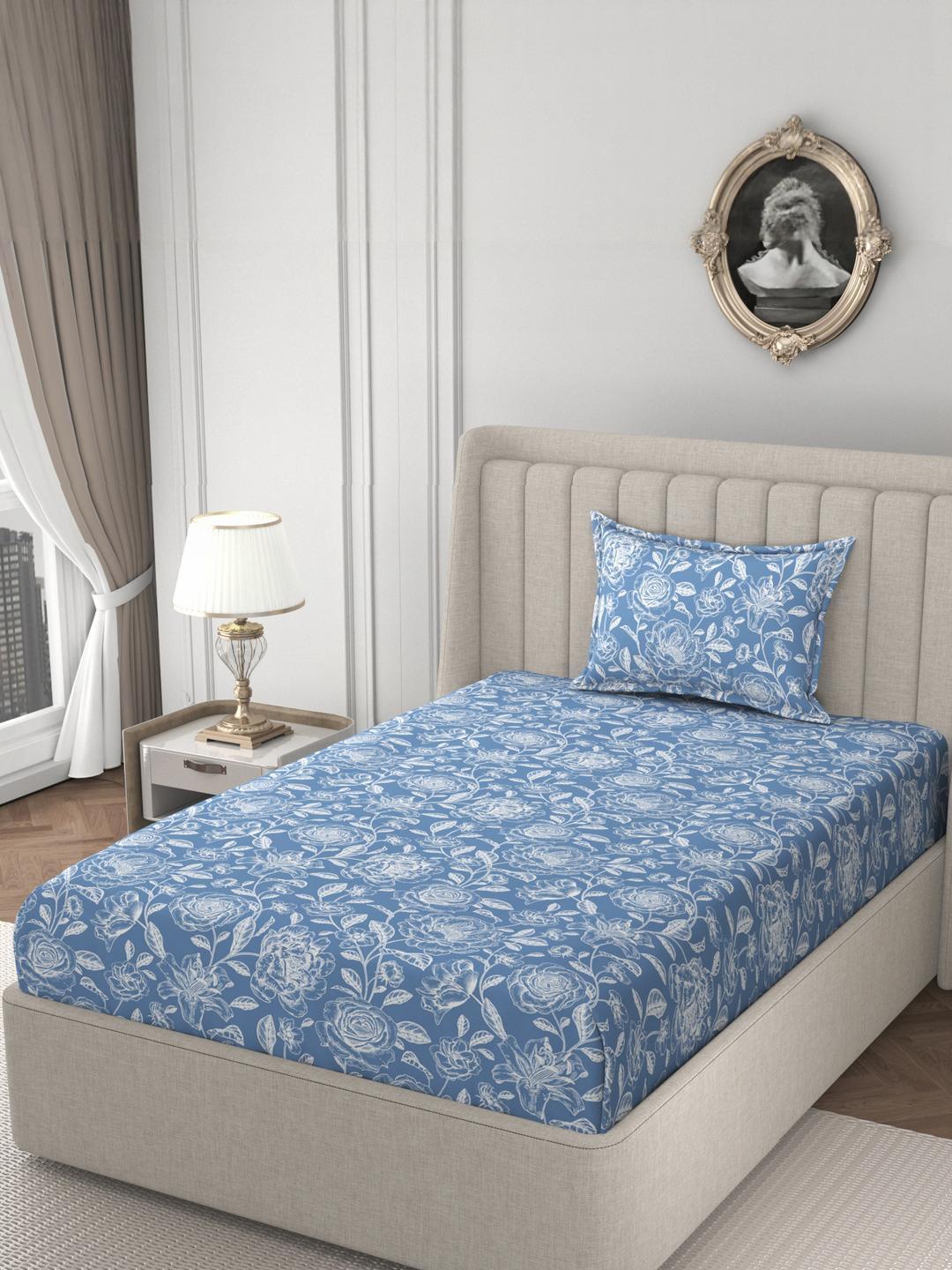 HIDECOR Blue Floral 210 TC Single Bedsheet with 1 Pillow Covers
