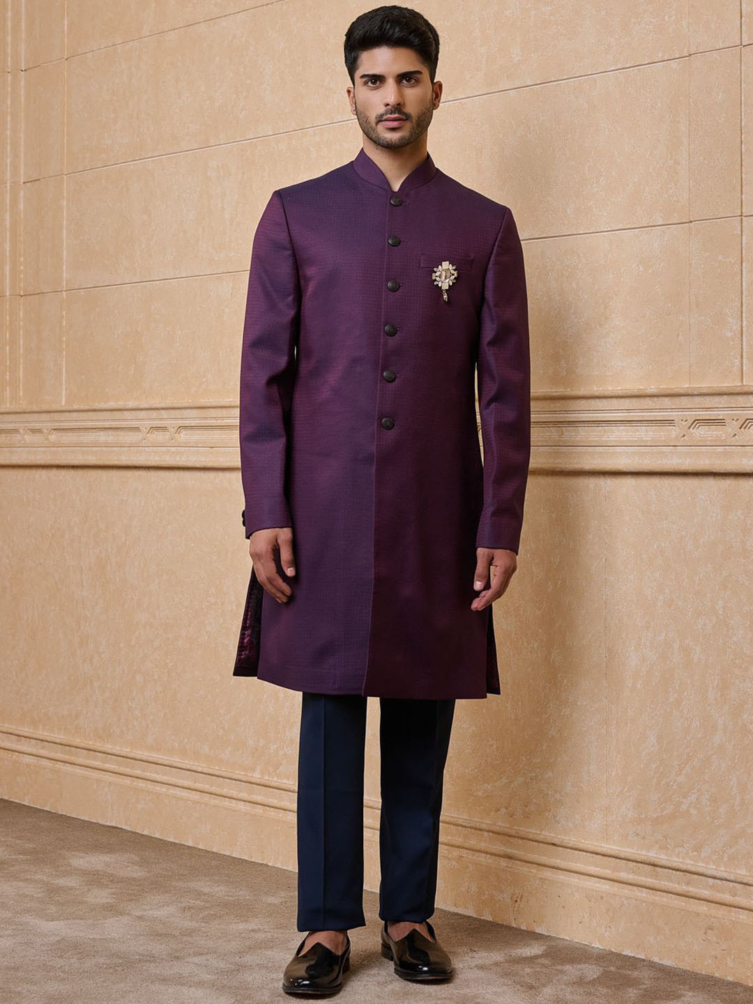 Tasva Self Design Mandarin Collar Classic Indo Western Sherwani Set