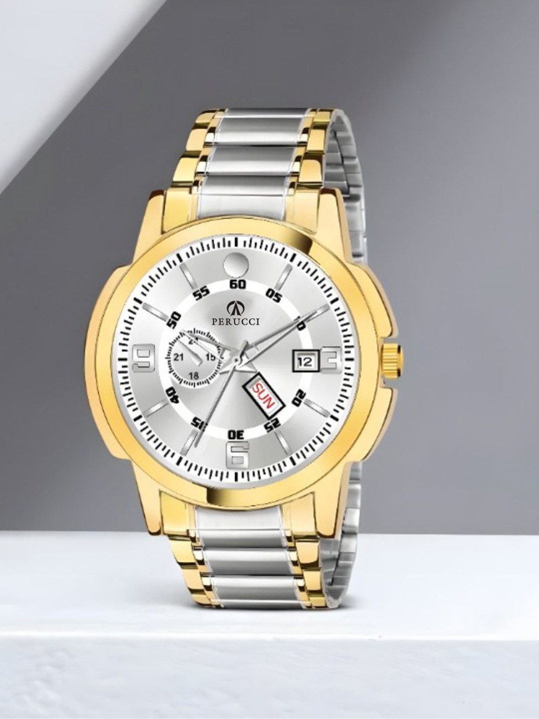 PERUCCI Men Bracelet Style Straps Analogue Watch P-440 Daul Tone Movado Silver