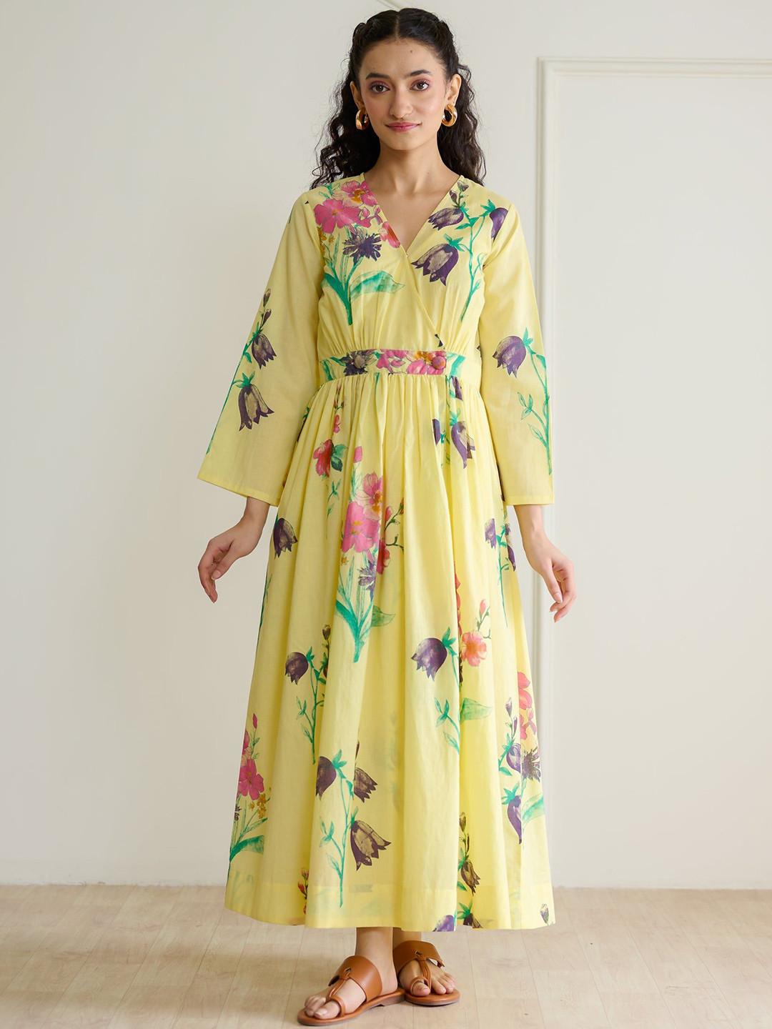 Rustorange Women Yellow Floral Printed Gathered Cotton Overlap Dress