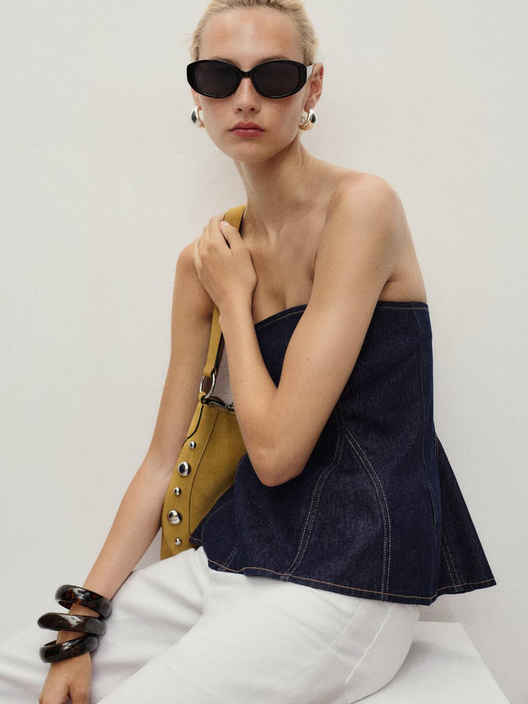 MANGO Pure Cotton Denim Peplum Style Tube Top