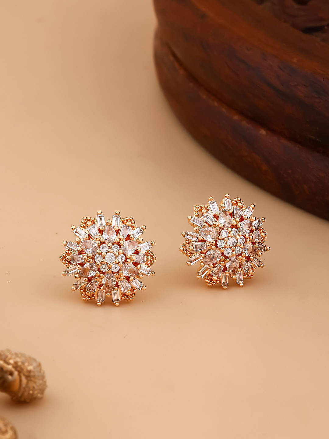 QUERALT Brass-Plated Stainless Steel American Diamond Studded Floral Shaped Studs