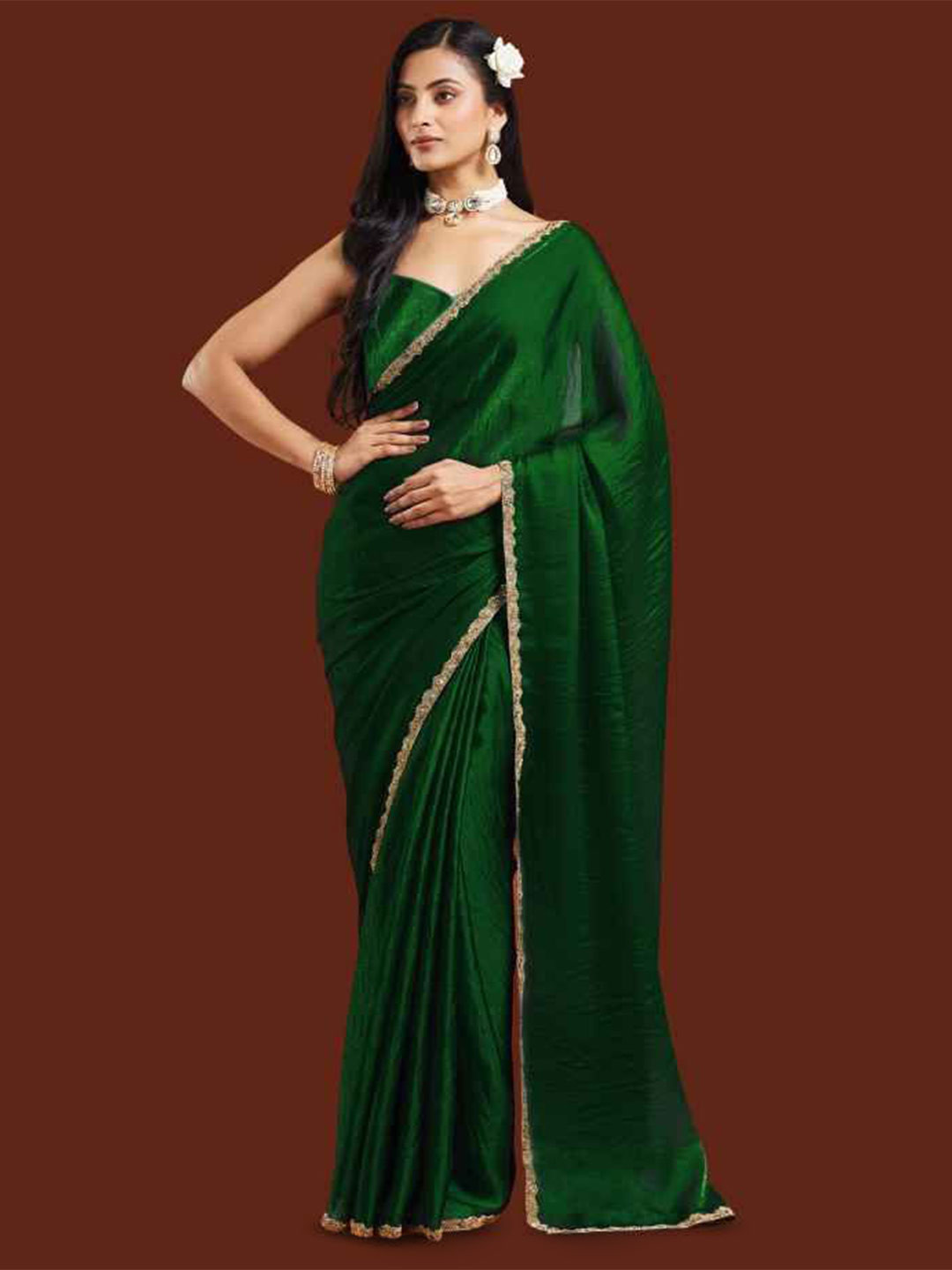 LOROFY Women Green Bottle Two Tone Space Silk Saree with Beads & Stone Work