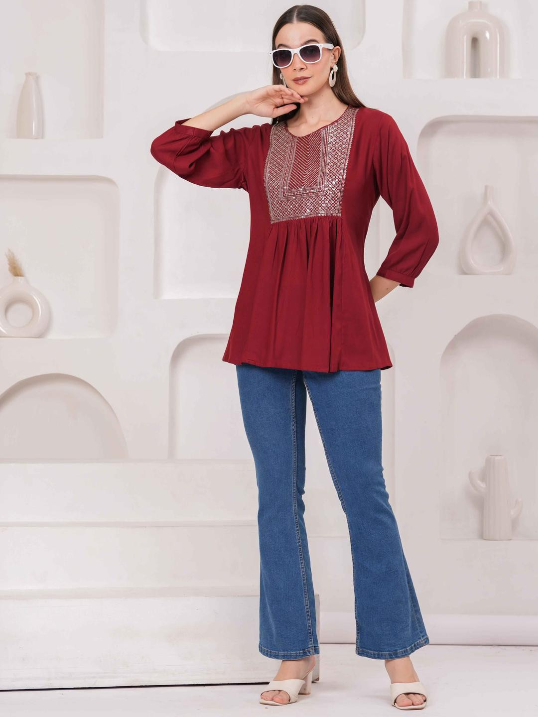 Jyoti Women's Maroon Rayon Solid Embroidery Top