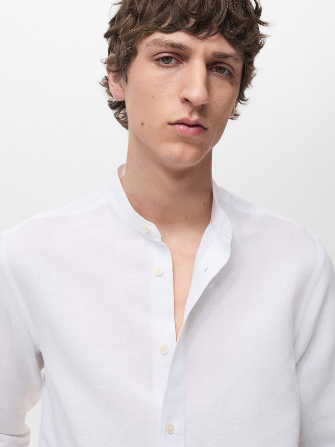 MANGO MAN Band Collar Linen Cotton Casual Shirt