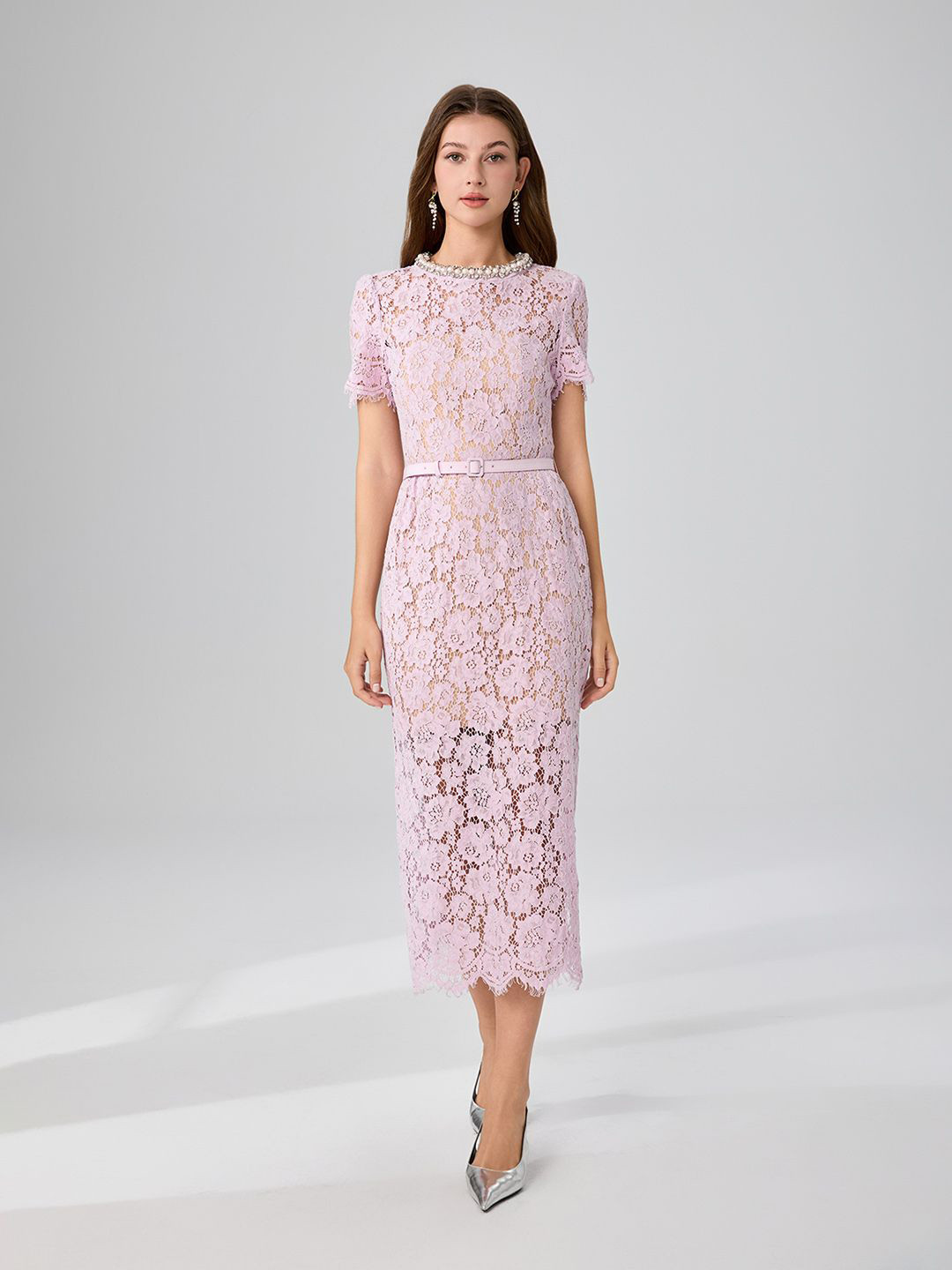 JC Collection Women Self Design Lace Insert Belted Sheath Midi Dress