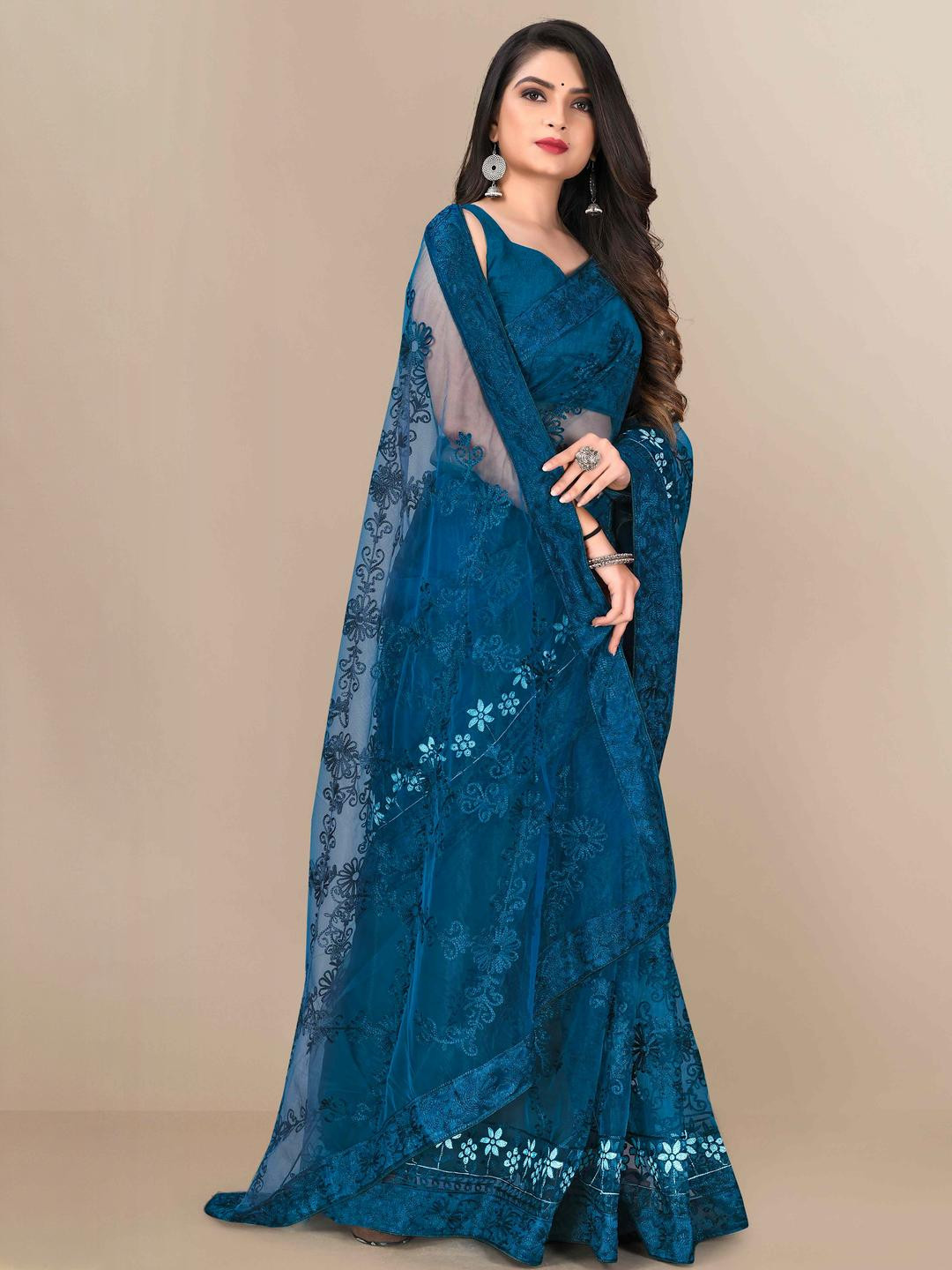 Peachmode Teal Net  Sarees